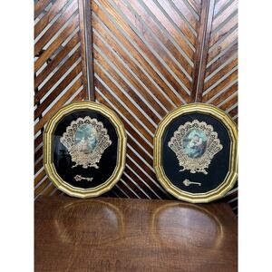 2 Vtg Victorian Shadowbox Faux Pearl Ornate Rococo Baroque Cameo Gold 1976